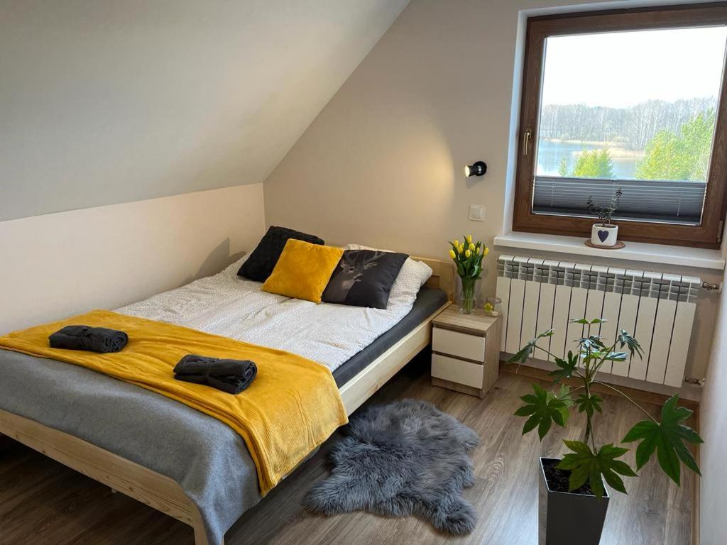 Domek z kominkiem nad jeziorem z jacuzzi ogrodowym